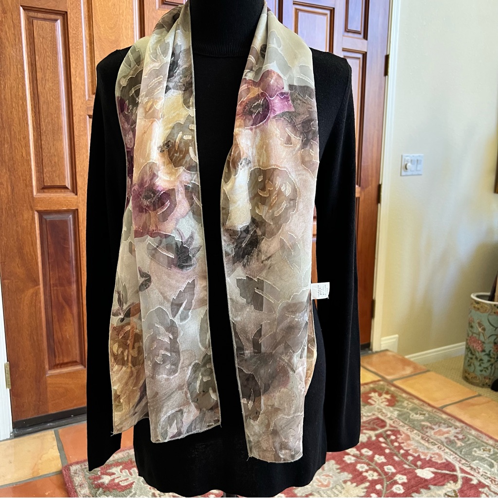 Sheer Floral Watercolor Scarf In Neutral & Plum Tones 58â X 11â